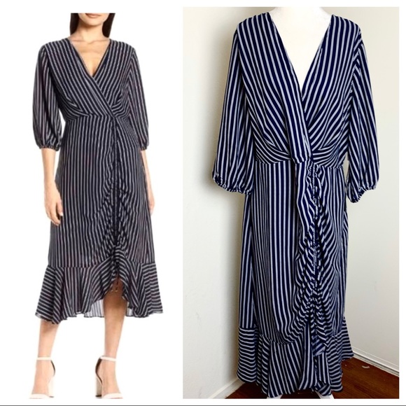 NEW CHELSEA28 Pinstripe Ruched Long Sleeve DRESS - Picture 2 of 8